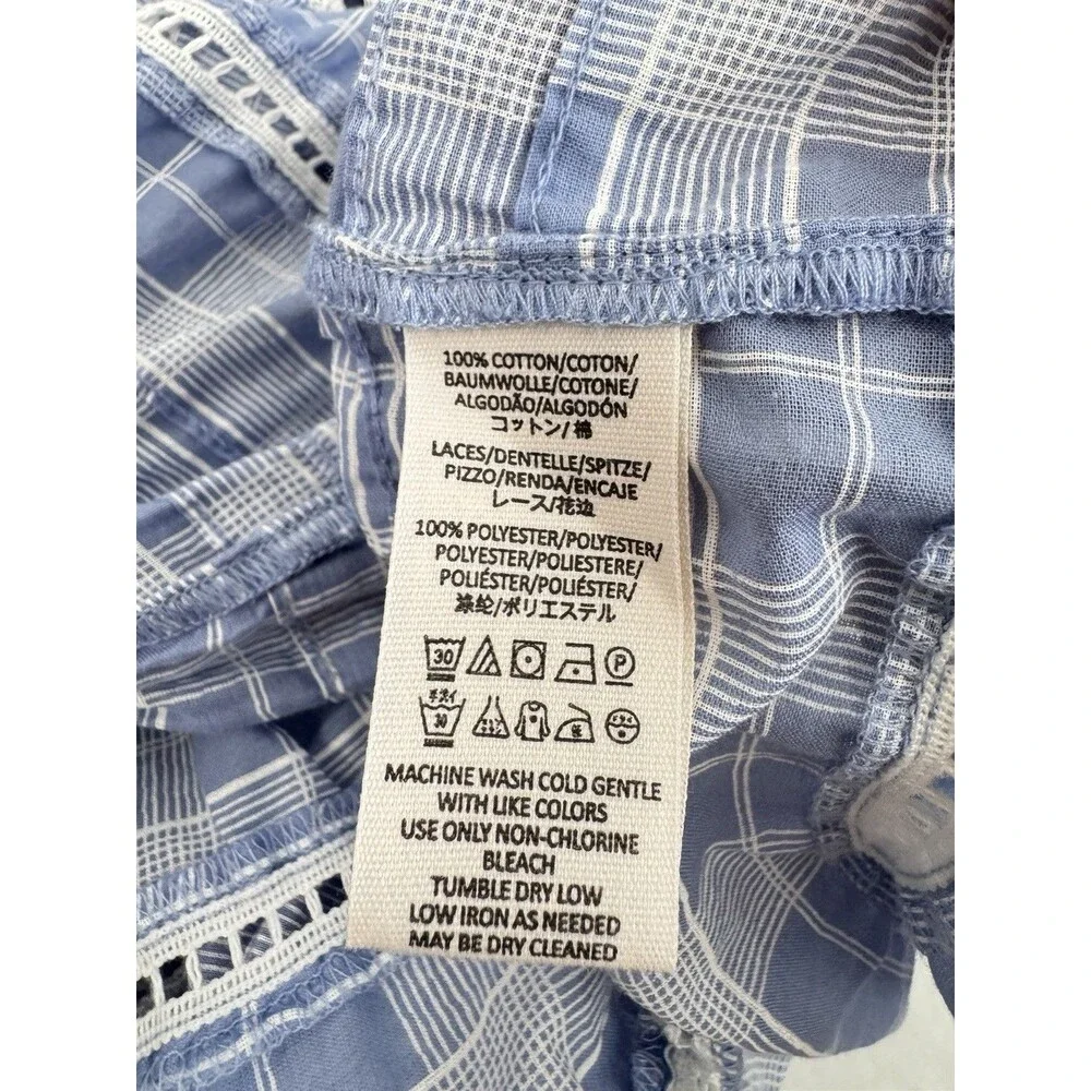 Free People Time Out Lace Trim Tunic Lagenlook Blue White Plaid Top